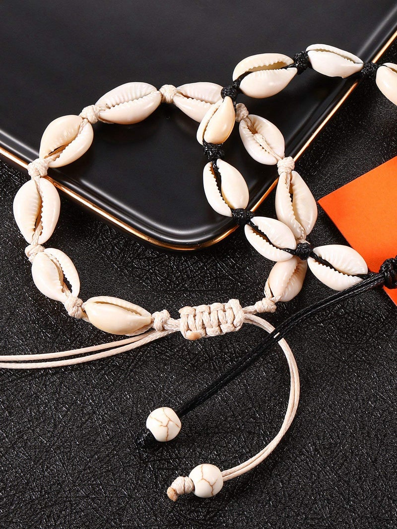 meekoo 2 Pieces Natural Cowrie Shell Anklet Seashell Crochet Ankle Bracelet Handmade Boho Shell Bead Anklet Adjustable Anklet Jewelry for Women Girls Hawaii Beach Parties - Image 3